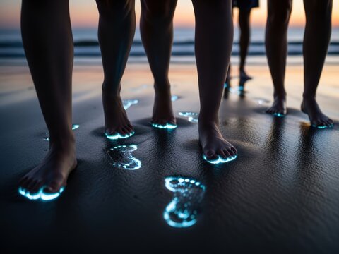 Bioluminescent footprints glow with a brilliant neon blue light as people walk across a wet sandy beach at twilight.