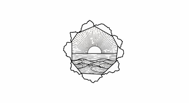 Stylized sunrise over ocean waves within a pentagonal frame
