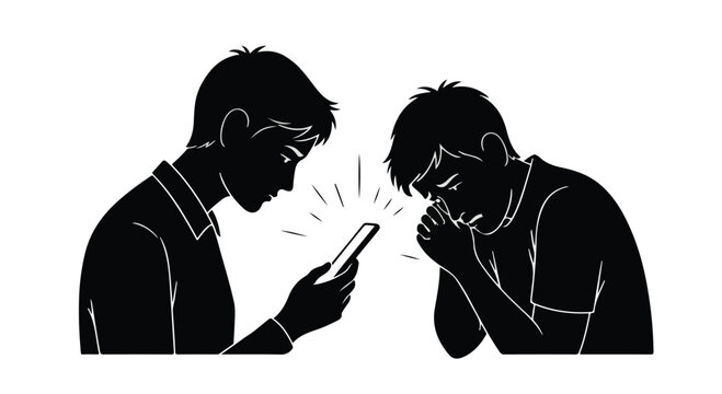 Black silhouette illustration of man showing smartphone to upset friend