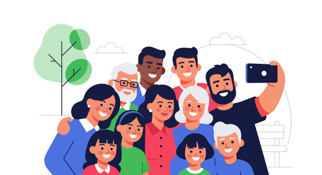 Happy Multi-Generational Family Group Taking a Selfie Illustration