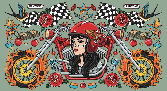 Vintage Tattoo Style Illustration of Biker Girl with Motorcycle, Roses, and Racing Flags