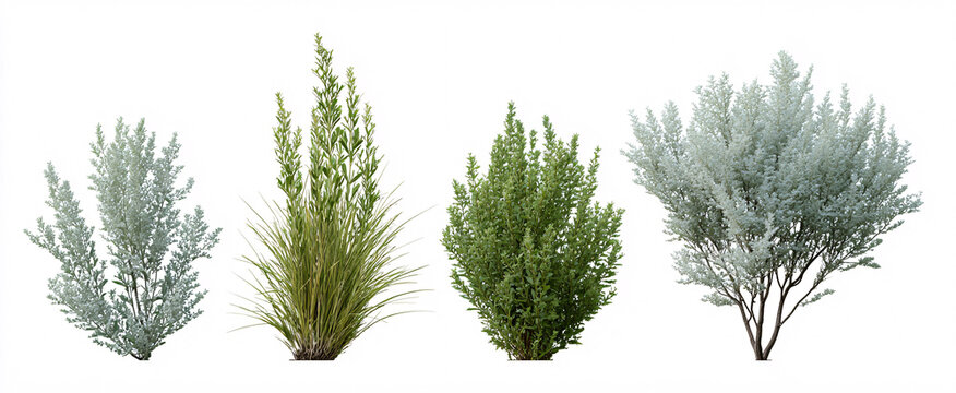Atriplex canescens and Calligonum comosum set against a white background in bright light.