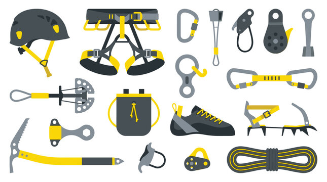 A comprehensive set of professional rock climbing and mountaineering gear, including a helmet, harness, and ice axe, is neatly arranged with vibrant yellow accents.