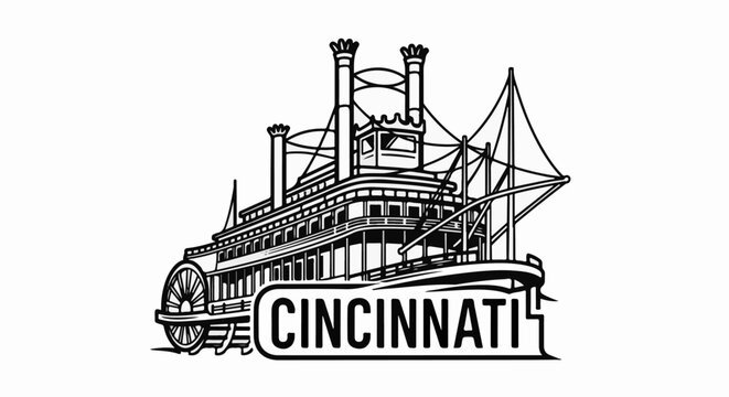 Vintage paddlewheel riverboat illustration with "CINCINNATI" text banner