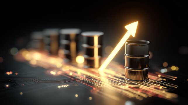Barrels of change: visualizing the surging energy market trends. Data intelligence. Golden glow and shifting arrows signal rising oil market. Digital transformation. Ai evolution.