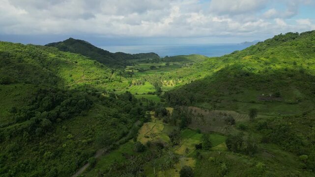 Drone flying through a lush green valley with a small road and river towards the ocean, with palm trees and patches of small farm land and the ocean in the background.