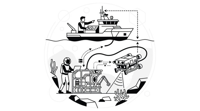 A detailed line art illustration shows the process of ocean exploration with a surface vessel communicating with a diver and a remotely operated underwater vehicle.