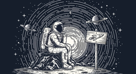 Astronaut Sitting on Moon Contemplating Galaxy in Vintage Woodcut Style Illustration. Space Exploration and Cosmic Dreamer Concept with Rocket Sign and Planets. © einikasu