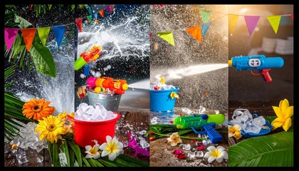 Fototapeta premium Songkran festival background collage made of water guns, buckets, hoses, ice water splashes, tropical flowers, colorful flags, dynamic composition, bright summer lighting, fun and energetic mood,