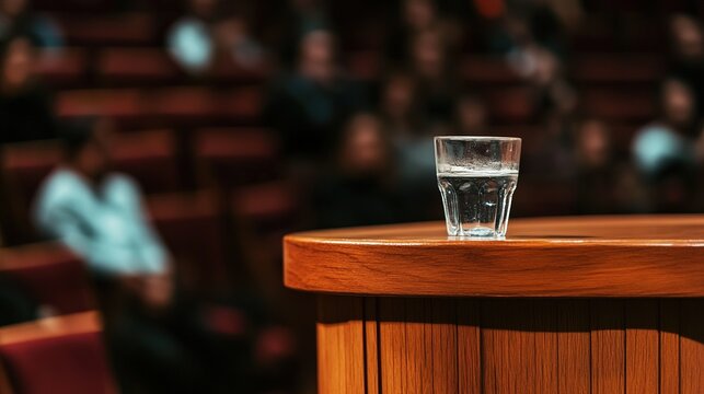 lectern. A classic wooden lectern with a glass of water, blurred audience in the background. real-estate listings.
