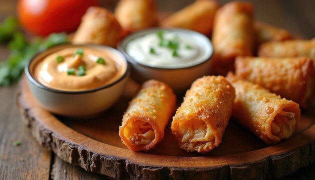 Crispy fried buffalo chicken egg rolls served with ranch and spicy dipping sauces. Appetizer platter with crunchy egg rolls and creamy dips. Perfect party snack or meal.