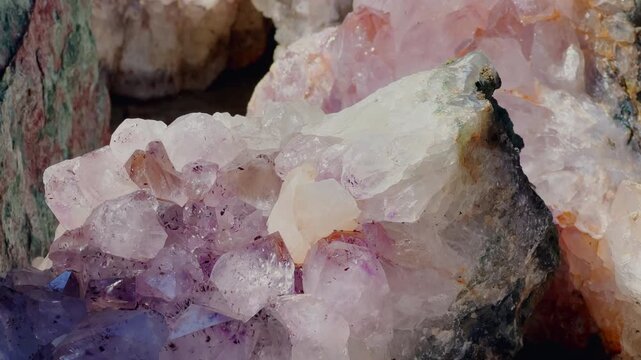 Amethyst geode fragments in slow motion reveal pale and purple crystal textures in a sunlit close-up shot