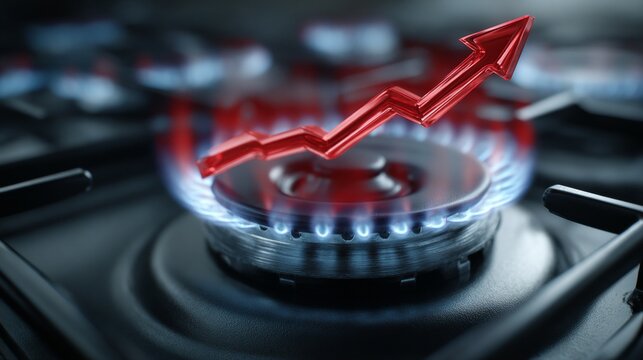 Soaring gas prices: visualizing the global impact on utility bills. Editorial style. Crisis and cost: enhanced image with flames wiping out economies. Clean retouch. Commercial image.