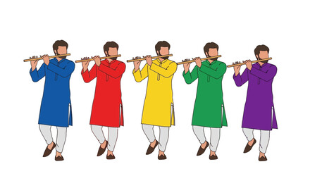 Obraz premium Five men in colorful traditional Indian kurtas playing flutes in a row, vector illustration of musicians in blue, red, yellow, green, and purple outfits, cultural festive scene