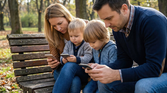 Family sitting on a park bench distracted by smartphones, parents and children using mobile devices outdoors, concept of digital addiction and lack of communication. 
