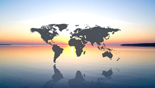 A grayscale world map overlaid on a serene, colorful sunset reflecting in calm water. The horizon glows beautifully