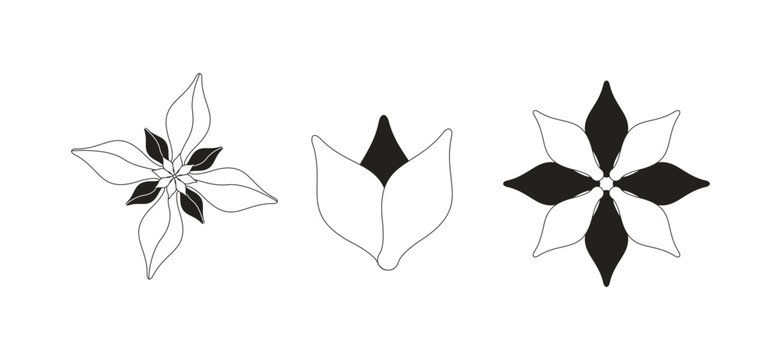Stylized flowers 2D line objects set. Spring blossoms. Motif floral. Blooming variety. Various flowerheads isolated cliparts vector ink outline items. Monochrome spot illustrations collection