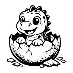 Fototapeta premium Baby dinosaur smiling, breaking out of a cracked eggshell. Cartoon black and white mascot for birth, new life, childhood themes