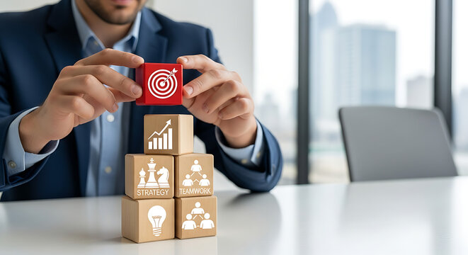 Businessman places target icon block on business strategy symbols, embodying focused goal-setting for success. Represents meticulous planning, growth, innovation, and corporate achievement