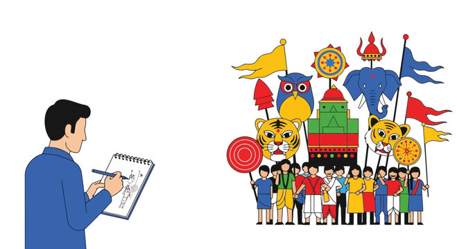 A colorful contemporary digital artwork of a man sketching a vibrant festival procession with diverse people, mythical creatures, and ornate floats, in a playful, flat design style, on a whi