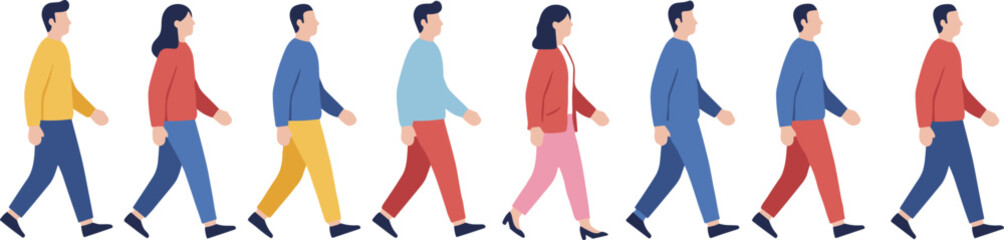Fototapeta premium Diverse group of people in colorful casual clothing walking forward in a row representing progress movement community and modern urban lifestyle vector illustration