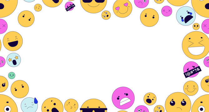 Cute emojis decorative frame copy-space. Various emoticons. Seamless flat design background with copyspace center. Border backdrop with space for text. Scattered pattern elements arranged around edges