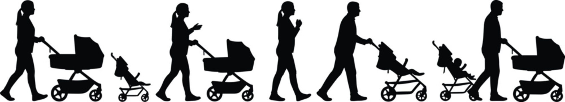 Set of black silhouettes of parents walking with baby strollers and prams including mothers and fathers pushing carriages isolated on white background