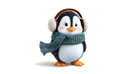 Fototapeta premium Stylized cartoon penguin with oversized headphones and scarf, grooving to music, isolated