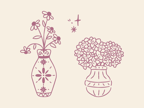 Minimalist hand-drawn illustration of flowers in decorative vases, cute floral line art in dusty pink tones.
