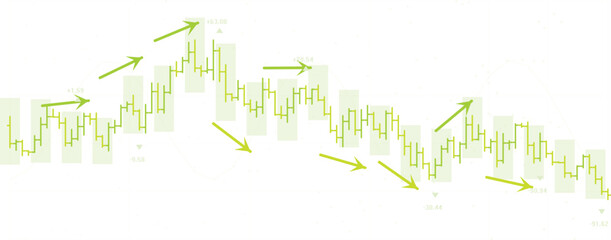 Fototapeta premium Green Candlestick Chart with Upward and Downward Trends, Financial Market Analysis Vector, Stock Exchange Trading Graph, Business Growth and Decline Illustration
