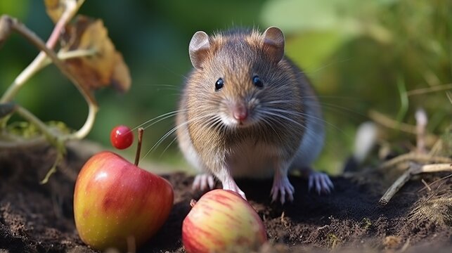 Curious Field Mouse Among Fresh Apples on the Ground in a Sunlit Garden