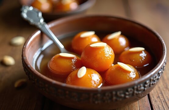 Sweet Gulab Jamun dessert balls soaked in syrup, topped with slivered almonds, served in rustic bowl. Rich Indian cuisine treat, delicious confectionary.