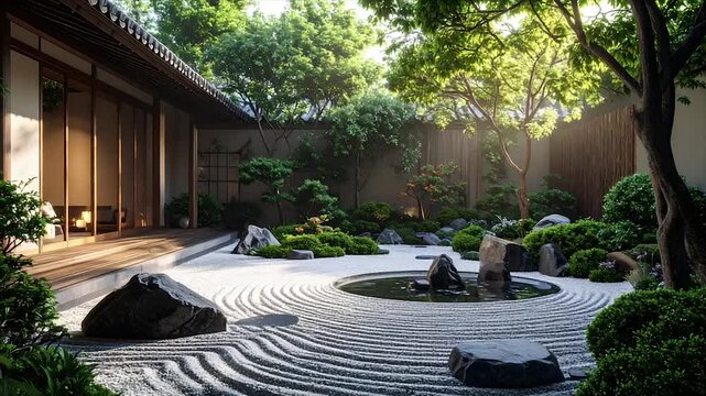 Japanese garden design with a raked gravel area, water feature, and architectural building