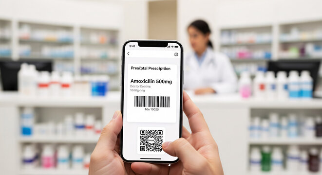 薬局の受付で電子処方箋のQRコードを提示するスマートフォンの手元