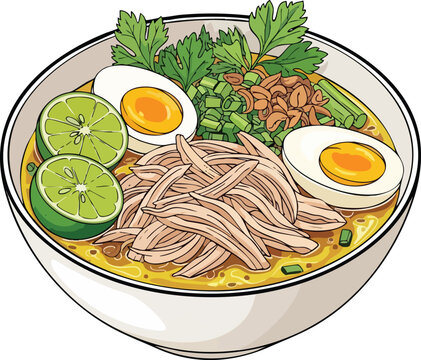 Delicious Bowl of Chicken Soto Soup with Boiled Eggs and Lime.