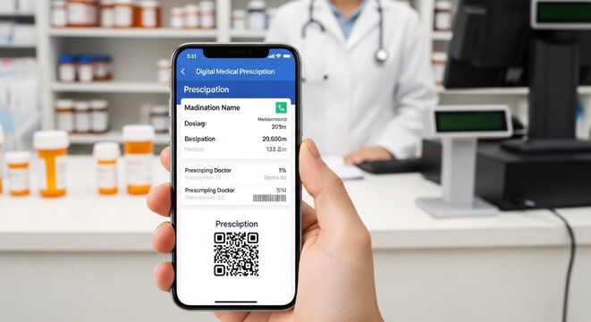 薬局のカウンターでスマートフォンの電子処方箋やQRコードを提示するイメージ