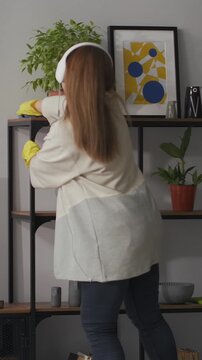 Woman wearing headphones and rubber gloves dusting shelves and arranging potted plants in a modern living room interior with minimalist decorative objects and artwork