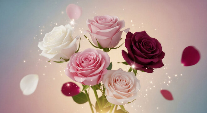 Elegant bouquet of roses in various colors with petals falling  