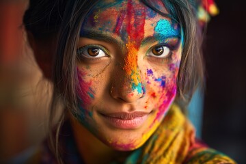 Naklejka premium Young Indian woman celebrating Holi color festival, cultural and festive concept. Ai Generative