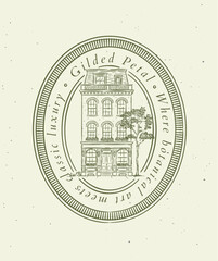 Vintage house label with text glided petal where botanical art meet luxury drawing in graphic art style with beige on light background © anna42f