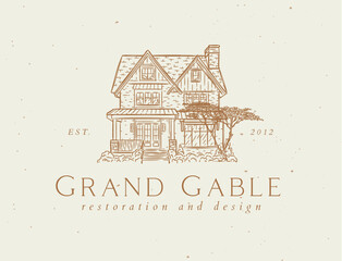 Victorian house label with text grand gable restoration and design drawing in graphic art style with beige on light background © anna42f