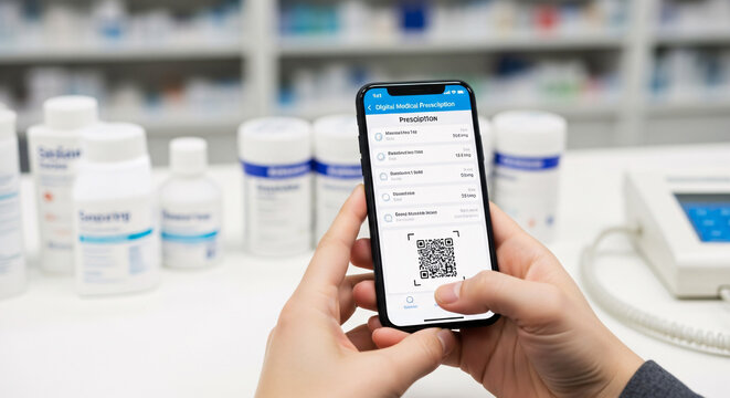 薬局の薬剤棚を背景にスマートフォンの電子お薬手帳や処方箋QRコードを操作する手元