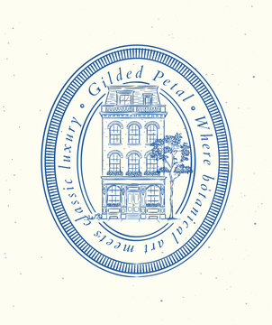 Vintage house label with text glided petal where botanical art meet luxury drawing in graphic art style with blue on light background