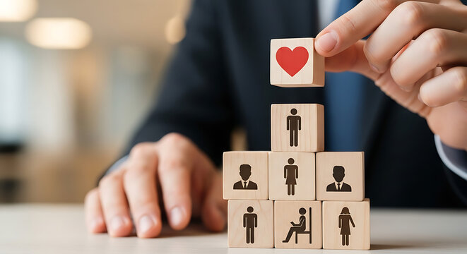 A businessman carefully places a heart-labeled block atop a pyramid of human icons, symbolizing dedicated care, valuable employee relations