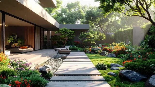 Modern home with stone path, lush garden, flowering plants, trees, and lounge area