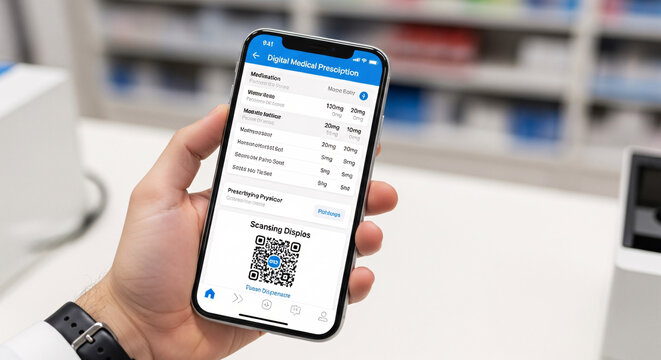 薬局でスマートフォンの電子お薬手帳アプリやQRコード決済を利用する人の手元
