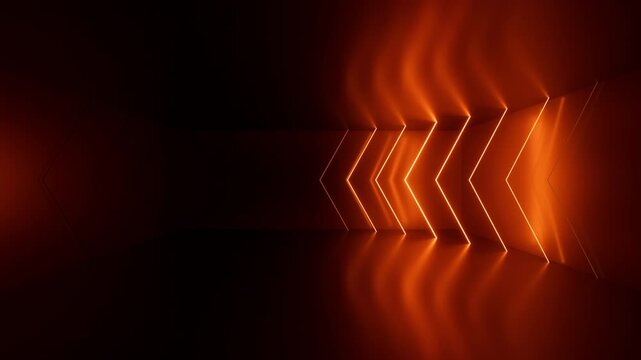 3D cycled animated background. Linear arrows glow with red neon light, flashing and indicating the right direction, flickering and sliding. A game environment in virtual reality