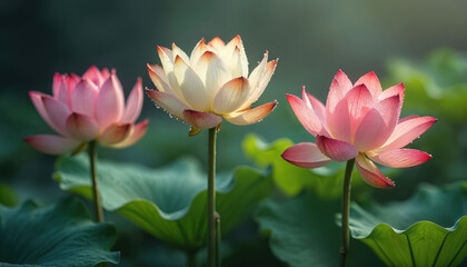 Obraz premium Three lotus flowers with dew drops bloom in pond. Pink and cream petals open, green lily pads float on water surface. Soft light falls on delicate aquatic plants.