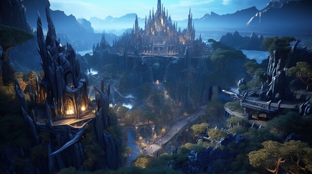 Epic blue-lit fantasy fortress city perched along dramatic cliffside valley with distant mountains