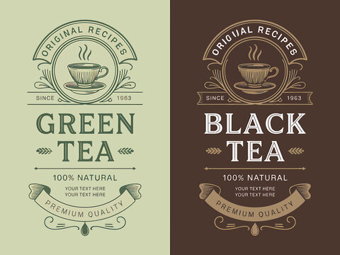 Green and black tea labels with premium quality text and original recipes